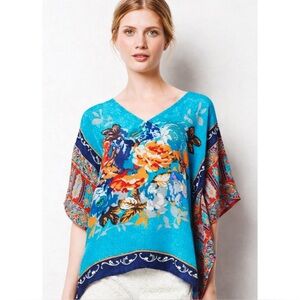 TOLANI | Anthropologie 100% Silk Kimono Top in Turquoise Floral Print, Small